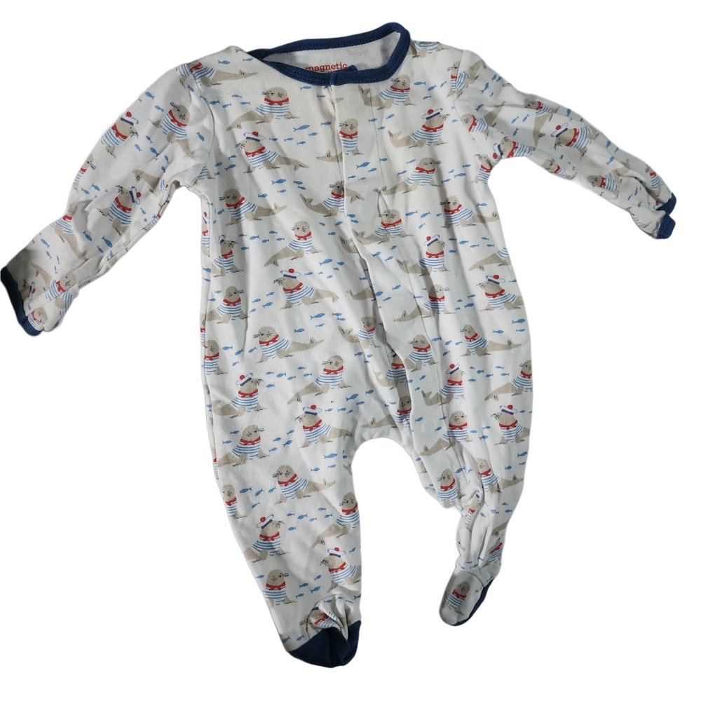 Magnetic Me White and Blue Footies One Piece 0-3 months EUC